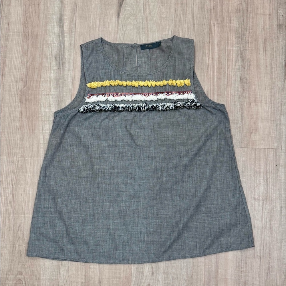 THML Gray Top with Yellow and White Details Boho Festival Wear